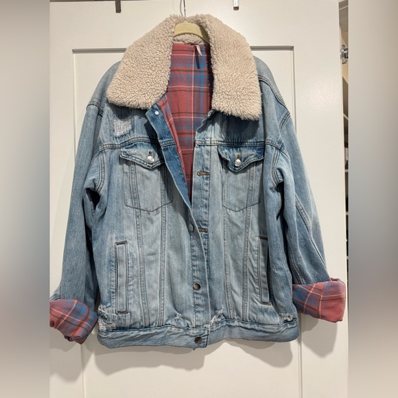 Free People Sherpa Fleece Collar Denim Jacket Plaid Lining - Picture 7 of 9